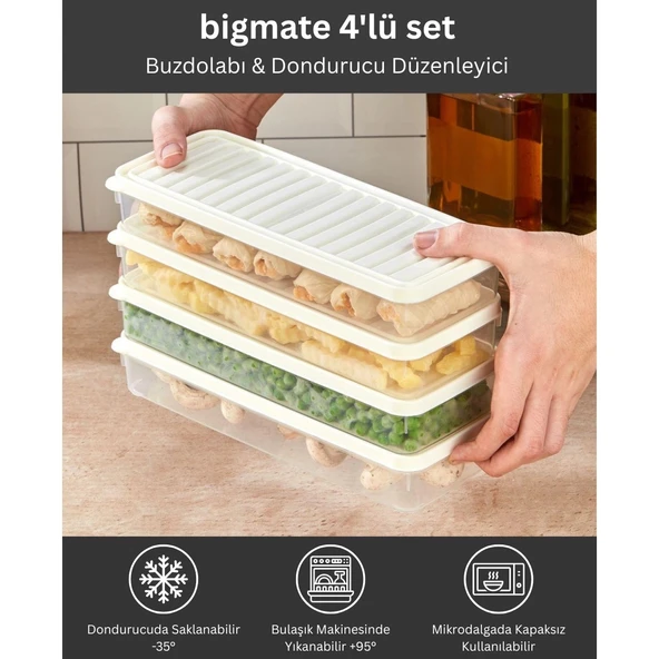 bigmate 4'lü Şeffaf Saklama Kabı Beyaz 4x1 Lt BGMT1515 Mikrodalga Buzdolabı ve Dondurucu Uyumlu Düzenleyici ürün görseli 1