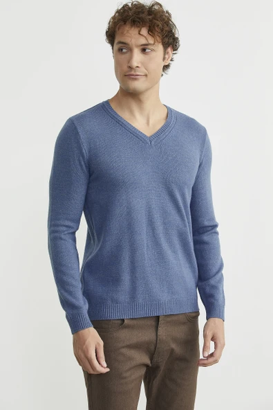 V Yaka Basic Triko Kazak - Indigo - Resim 3