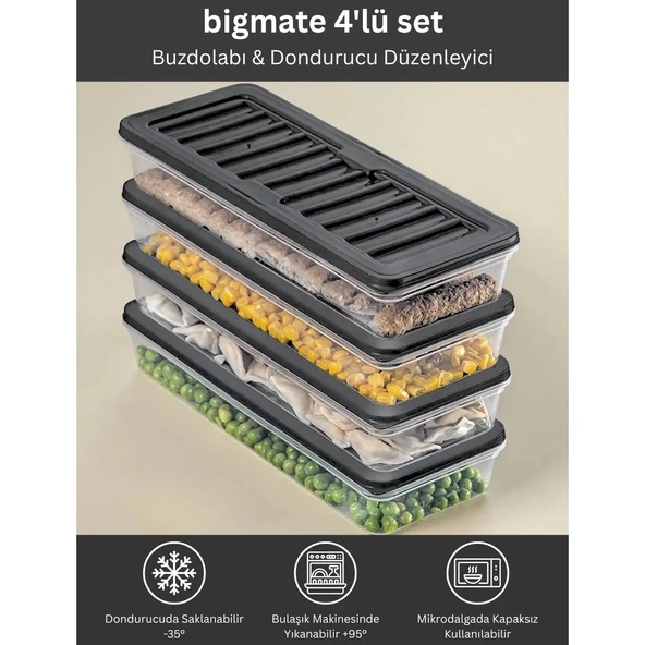 bigmate 4'lü Şeffaf Saklama Kabı Siyah 4x1 Lt BGMT1515 Mikrodalga Buzdolabı ve Dondurucu Uyumlu Düzenleyici ürün görseli 1