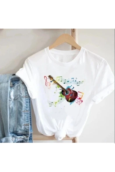 Gitar Sol Anahtar Beyaz Unisex T-shirt ürün görseli 1
