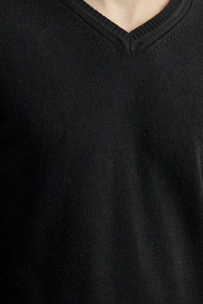 V Yaka Basic Triko Kazak - Siyah - Resim 4
