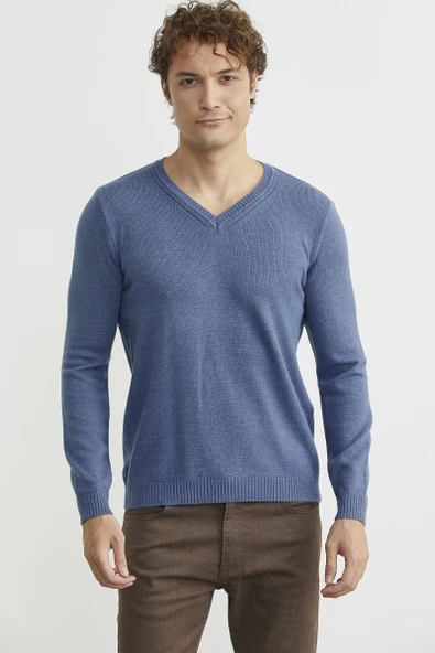 V Yaka Basic Triko Kazak - Indigo ürün görseli 1