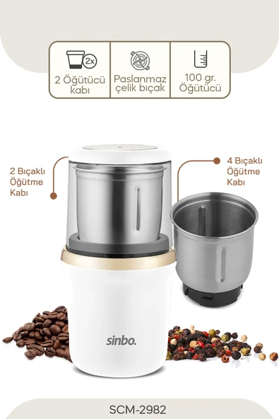 Sinbo 2982 Kahve & Baharat Öğütücü Beyaz/Gold – 200W Güç, Paslanmaz Çelik Bıçak, 100g Kapasite ürün görseli 1