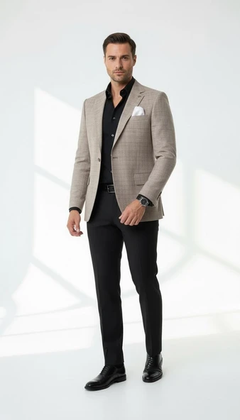 Erkek Keten Ekose Blazer Ceket Mono Yaka Tek Düğmeli Çift Yırtmaçlı ürün görseli 1