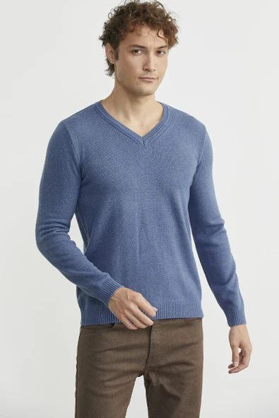 V Yaka Basic Triko Kazak - Indigo - Resim 2