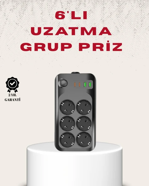 6’lı Grup Priz Termal Korumalı USB Type-C Çoklu Priz 2 Metre Kablo ürün görseli 1