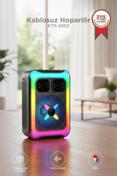 Bluetooth Hoparlör Rgb Işıklı USB TF FM 12W Kablosuz Taşınabilir Speaker KTS-2452 Siyah ürün görseli 1