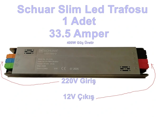 SCHUAR Süper Slim 12v 33.5A Şerit Led Trafosu 400w IP20  (Epox Dolgu Elektronik Devre 12 Volt 33.5 Amper 30mt ye Kadar K ürün görseli 1