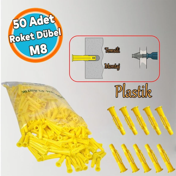 (50 Adet) Plastik Roket Dübel M8 Mantar Kanatlı Dübeller Vida Sabitleme Bağlantı Elemanı ürün görseli 1