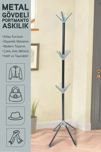 İronika Modern Portatif Elbise Askısı Ayaklı Portmanto Askı Vestiyer Askılık - Gri ürün görseli 1