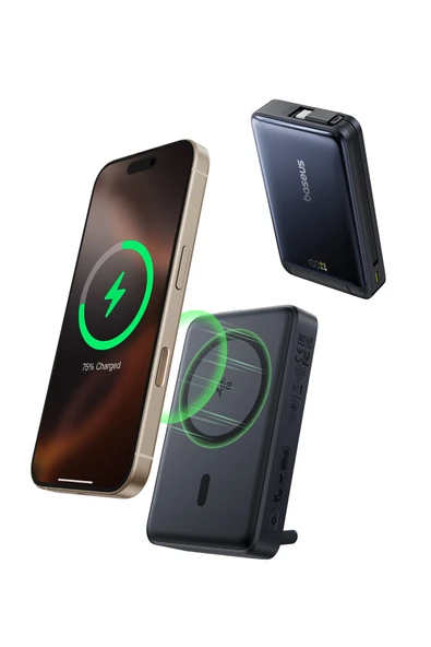 Baseus Nomos 3'ü 1 arada 10000mAh Power Bank - Qi2 15W Kablosuz 45W Dahili Hızlı Şarj Kablolu, Siyah ürün görseli 1