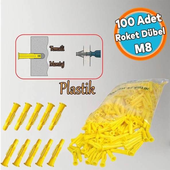 Plastik Roket Dübel M8 Mantar Kanatlı Dübeller Vida Sabitleme Bağlantı Elemanı ( 100 Adet ) ürün görseli 1