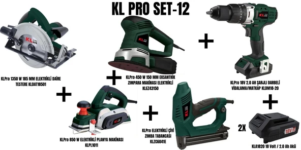 KLPro Set-12 (1350 W 185 MM ELEKTRİKLİ DAİRE TESTERE+850 W PLANYA MAKİNASI+450 W 150 MM EKSANTRİK ZIMPARA MAKİNASI+ELEKTRİKLİ ÇİVİ ZIMBA TABANCASI+ŞARJLI DARBELİ MATKAP) ürün görseli 1