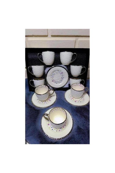 Cooker 6'lı Rölyef Desenli 90 ml Porselen Kahve Fincan Seti | Çiçekli Şık Kutulu Hediyelik ürün görseli 1