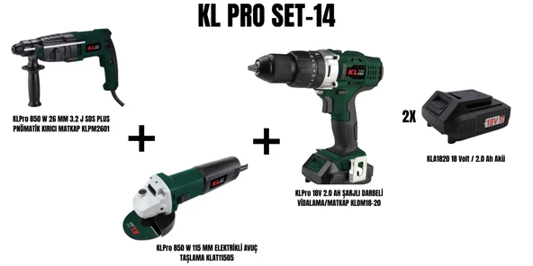 KLPro Set-14 (850 W 26 MM 3.2 J SDS PLUS PNÖMATİK KIRICI MATKAP+850 W 115 MM ELEKTRİKLİ AVUÇ TAŞLAMA+ ŞARJLI DARBELİ MATKAP) ürün görseli 1