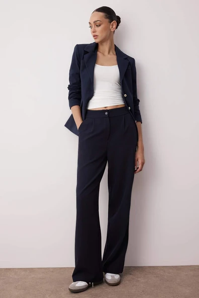 Lacivert Wide Leg/Geniş Paça Dokuma Kumaş Pantolon ürün görseli 1