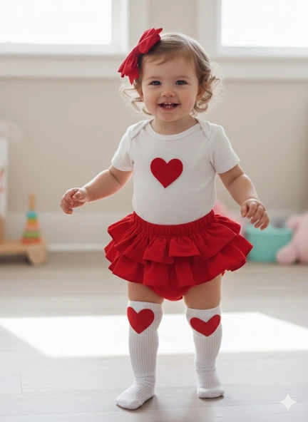 MARS BABY Kız Bebek Çocuk Kırmızı Fırfırşort Kalp Figürlü Badili Çoraplı Takım ürün görseli 1