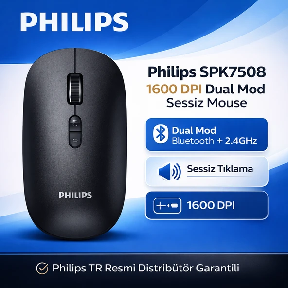 Philips SPK7508 1600 DPI 6 Tuşlu Dual Mod Optik Kablosuz Mouse - Siyah ürün görseli 1