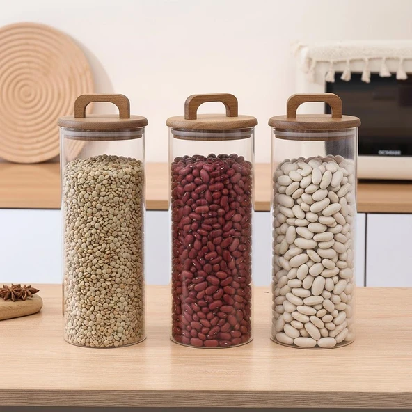 Borosilikat Cam Vakumlu Kavanoz 1550 ml | Akasya Kapaklı Bakliyat & Baharat Kavanozu 3 ADET ürün görseli 1