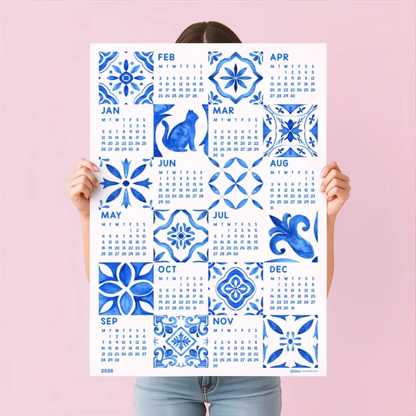 2026 Azulejo Duvar Takvimi – Portekiz Mavi Karo Sanatı | Suluboya Akdeniz Desenleri ürün görseli 1