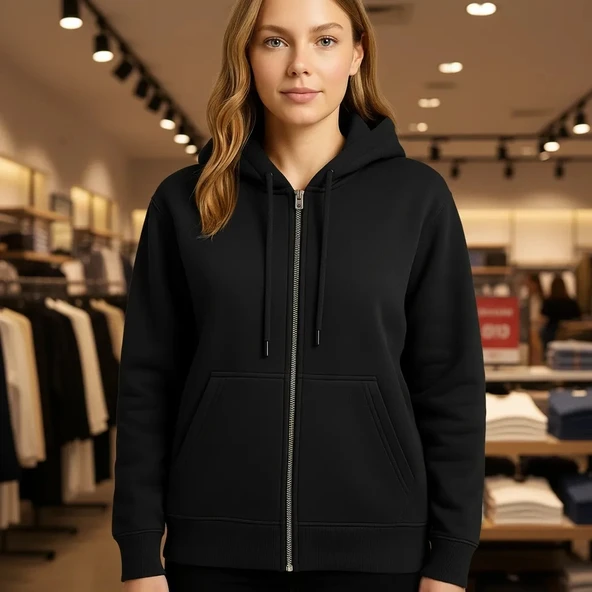 Fermuarlı ve cepli kapüşonlü sweatshrirt ürün görseli 1