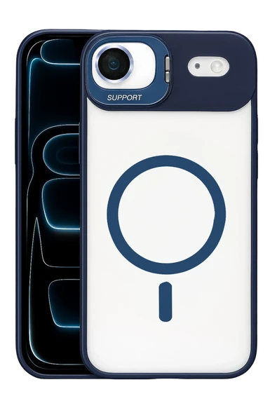 Fuchsia iPhone 17 Air ile Uyumlu Remim Lensli Kablosuz Şarj Özellikli Standlı Kapak - Lacivert ürün görseli 1