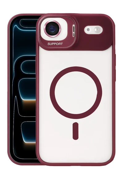 Fuchsia iPhone 17 Air ile Uyumlu Remim Lensli Kablosuz Şarj Özellikli Standlı Kapak - Bordo ürün görseli 1