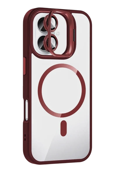 Fuchsia iPhone 17 ile Uyumlu Remim Lensli Kablosuz Şarj Özellikli Standlı Kapak - Bordo ürün görseli 1