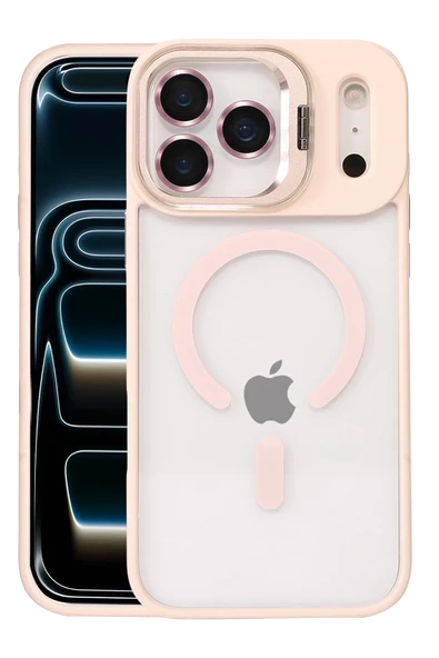 Fuchsia iPhone 17 Pro ile Uyumlu Remim Lensli Kablosuz Şarj Özellikli Standlı Kapak - Pembe ürün görseli 1
