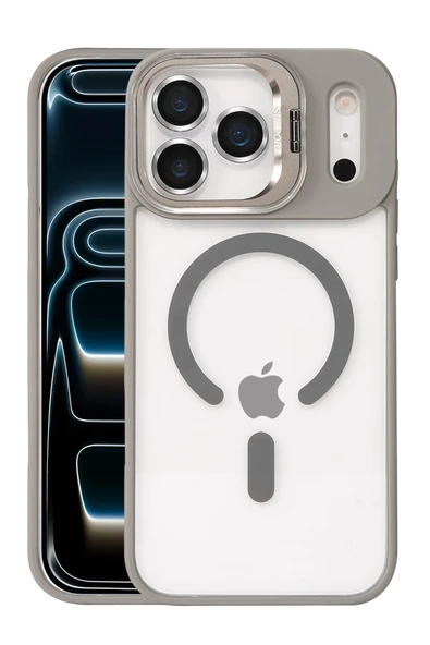Fuchsia iPhone 17 Pro ile Uyumlu Remim Lensli Kablosuz Şarj Özellikli Standlı Kapak - Titan Gri ürün görseli 1