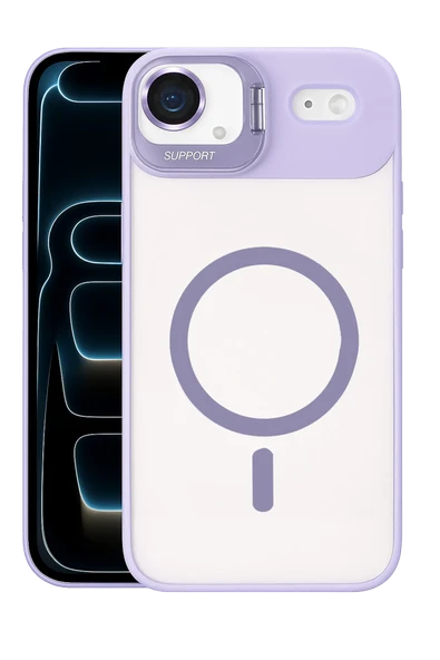 Fuchsia iPhone 17 Air ile Uyumlu Remim Lensli Kablosuz Şarj Özellikli Standlı Kapak - Lila ürün görseli 1