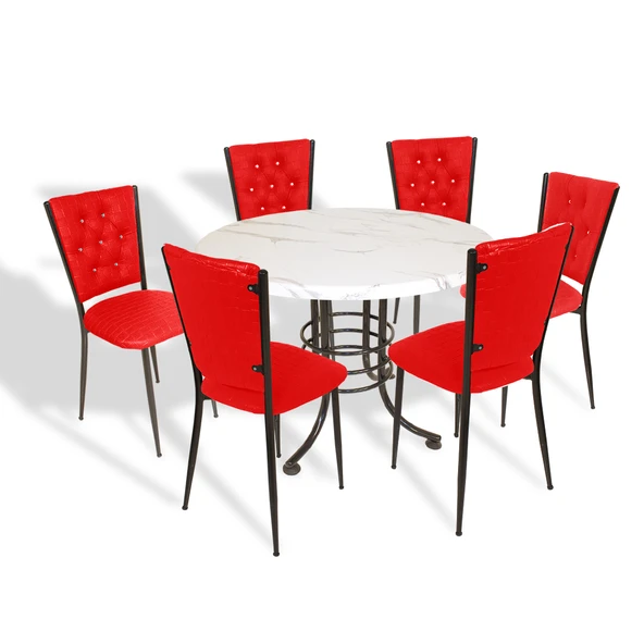 Buket Mega - Kapitoneli Masa Takımı - 107cm Çap (Werzalit, Wermodin ve Allzalit Tabla) - (Afyon Marble-Kırmızı) ürün görseli 1