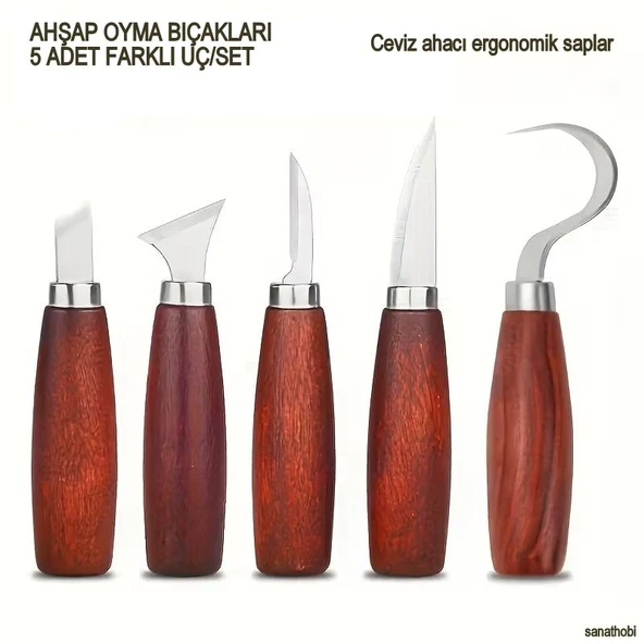 Ahşap oyma bıçağı seti 5'li, ceviz ağacı saplı, karbon çelik, zarif ve dayanıklı, yontma, ahşap İşleme ürün görseli 1
