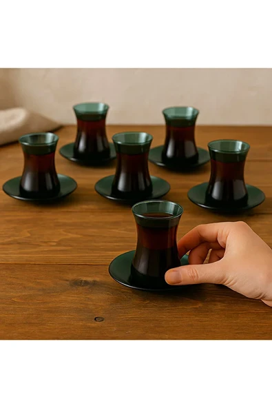 12 Parça Çay Seti, Yeşil Cam Çay Bardağı ve Tabak Takımı ürün görseli 1