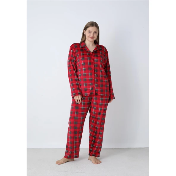 Battal Estiva Kareli Önden Düğmeli Kadife Bayan Pijama Takım ürün görseli 1