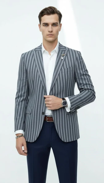 Erkek Sivri Yaka Çift Yırtmaçlı Tek Düğmeli Slim Fit Blazer Ceket ürün görseli 1