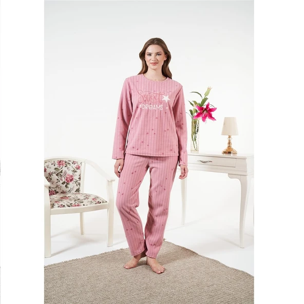 Estiva Önden Düğmeli Puantiyeli Fitilli Polar Bayan Pijama Takım ürün görseli 1