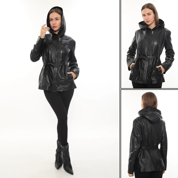 Kapişonlu Model Kadın Deri Ceket - Resim 4