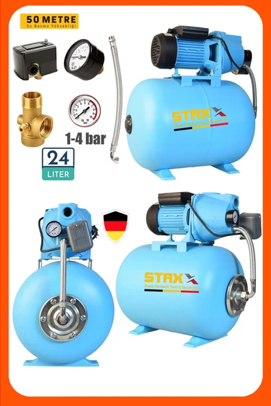 Staxx 1.5HP Jet Su Pompası Su Motoru 24LT Yatay Tanklı Otomatik Hidrofor Set Full Takım 4 Kat 4 Dair ürün görseli 1