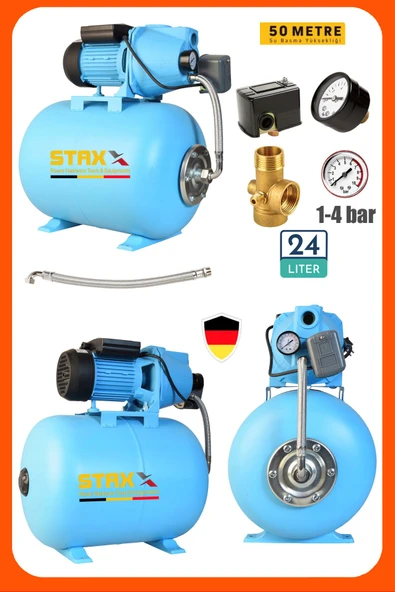 Staxx Yüksek Basınçlı 1.5 HP Jet Su Pompası 24 Litre Yatay Küre Tanklı Otomatik Hidrofor Set ürün görseli 1
