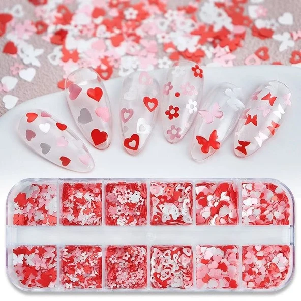 Kırmızı Tırnak Süsleme Folyo Pulları Karışık Dizayn Kelebek Kalp Çiçek Nail Art ürün görseli 1