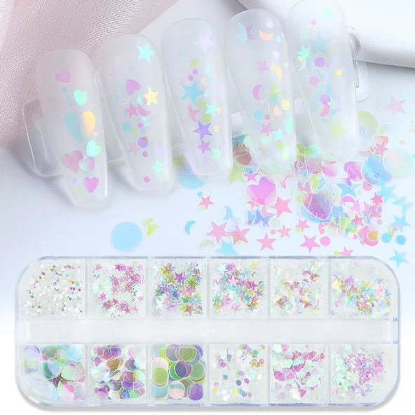 Holografik Parlak Şeffaf Tırnak Süsleme Folyo Pulları Karışık Dizayn Kelebek Kalp Yıldızlar Nail Art ürün görseli 1