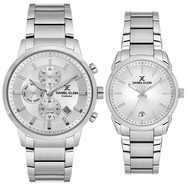 Daniel Klein 8682308390902 Gümüş Çelik Kordonlu Takvimli Sevgili Çift Kol Saatleri ürün görseli 1