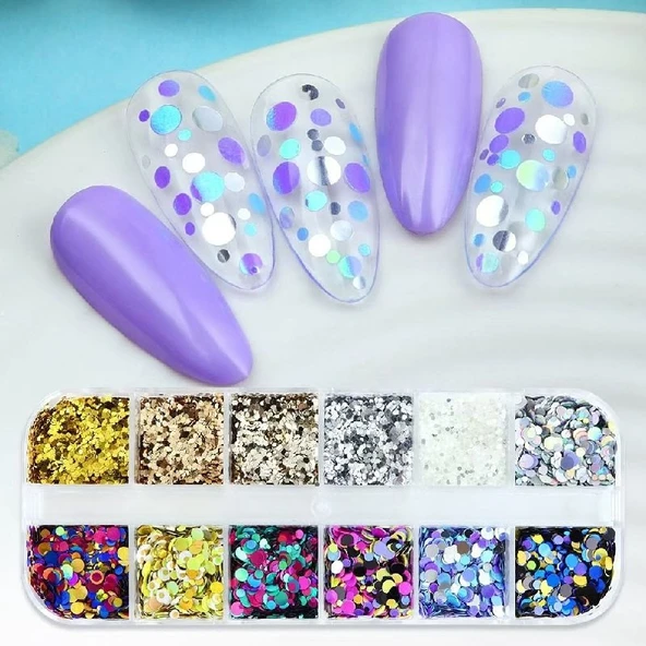 Holografik Yuvarlak Tırnak Süsleme Folyo Pulları Mix Nail Art ürün görseli 1