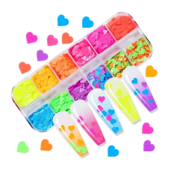 Neon Renkli Kalpler Tırnak Süsleme Folyo Pulları Mix Nail Art ürün görseli 1