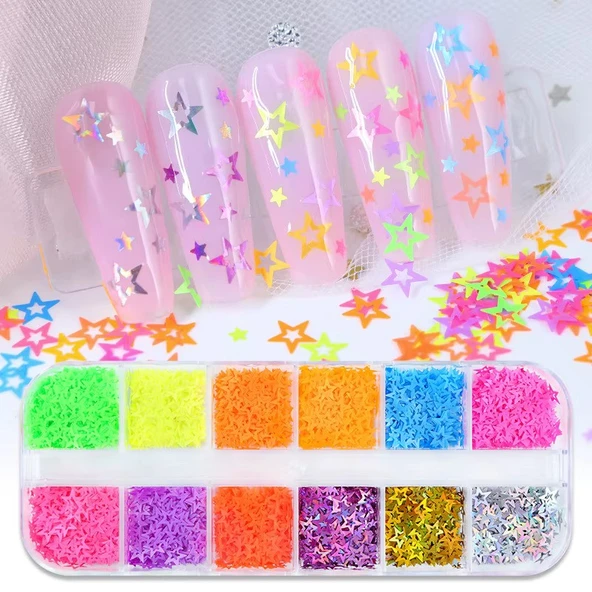 Neon Renkli Yıldızlar Tırnak Süsleme Folyo Pulları Mix Nail Art ürün görseli 1