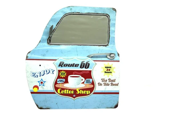 Dekoratif Route 66 CoffeeTemalı Mavi Araba Kapısı Ayna ürün görseli 1