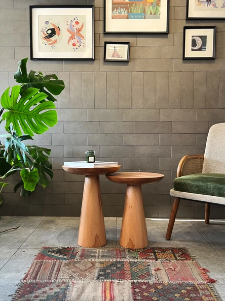 2'li Zigon Mantar Sehpa Mushroom / Masif Ahşap Modern Yan Sehpa Takımı (Kayın) ürün görseli 1