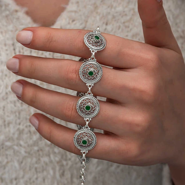 Harem Altın Gümüş Telkari Zümrüt Taşlı Kadın Bileklik ürün görseli 1