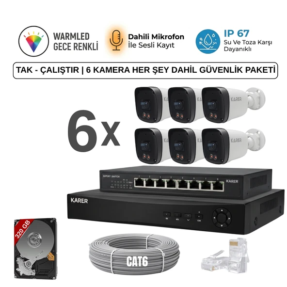 6 KAMERALI ULTRA HD 5MP IP POELİ-SESLİ-RENKLİ GECE GÖRÜŞLÜ-İNSAN ve PLAKA ALGILAMALI GÜVENLİK SETİ ürün görseli 1